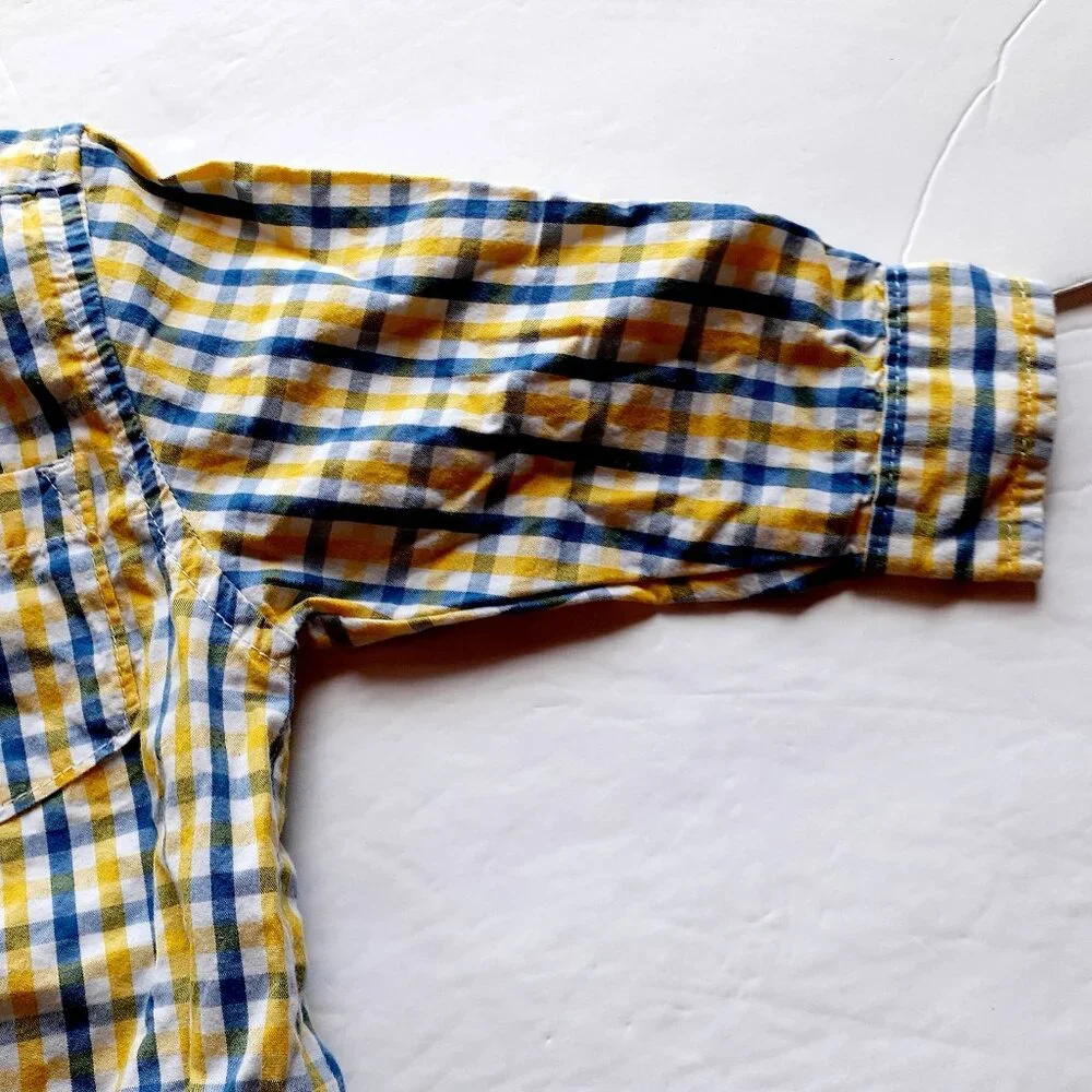Oshkosh Boys Shirt Button Down Bodysuit Yellow Blue Plaid Long Sleeve 18 Months